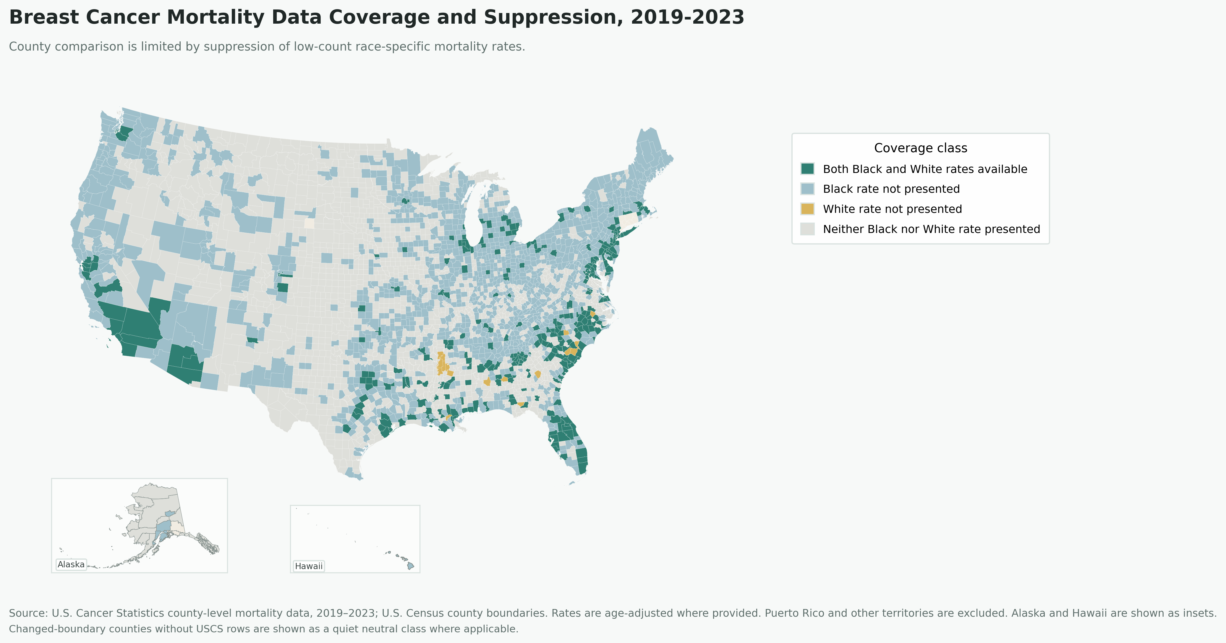 County-level map showing where Black and White non-Hispanic breast cancer mortality rates are available or suppressed for direct comparison.