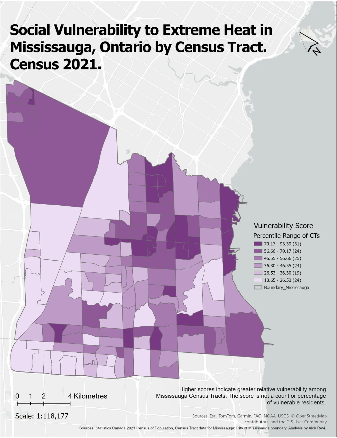 Social vulnerability map for Mississauga Census Tracts using a percentile-based vulnerability score.